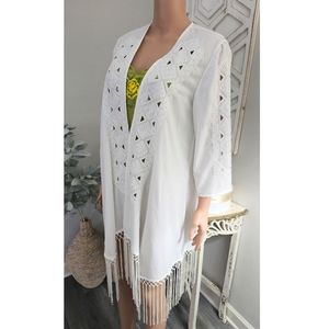 Chico's White Bohemian Fringe Hem Embroidery Wrap Cardigan